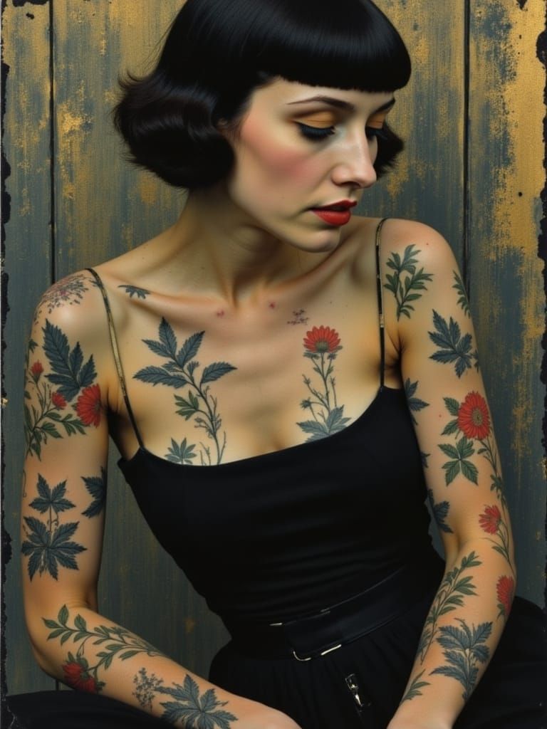 Art Deco Singer with Matrix Tattoos in Impasto Style