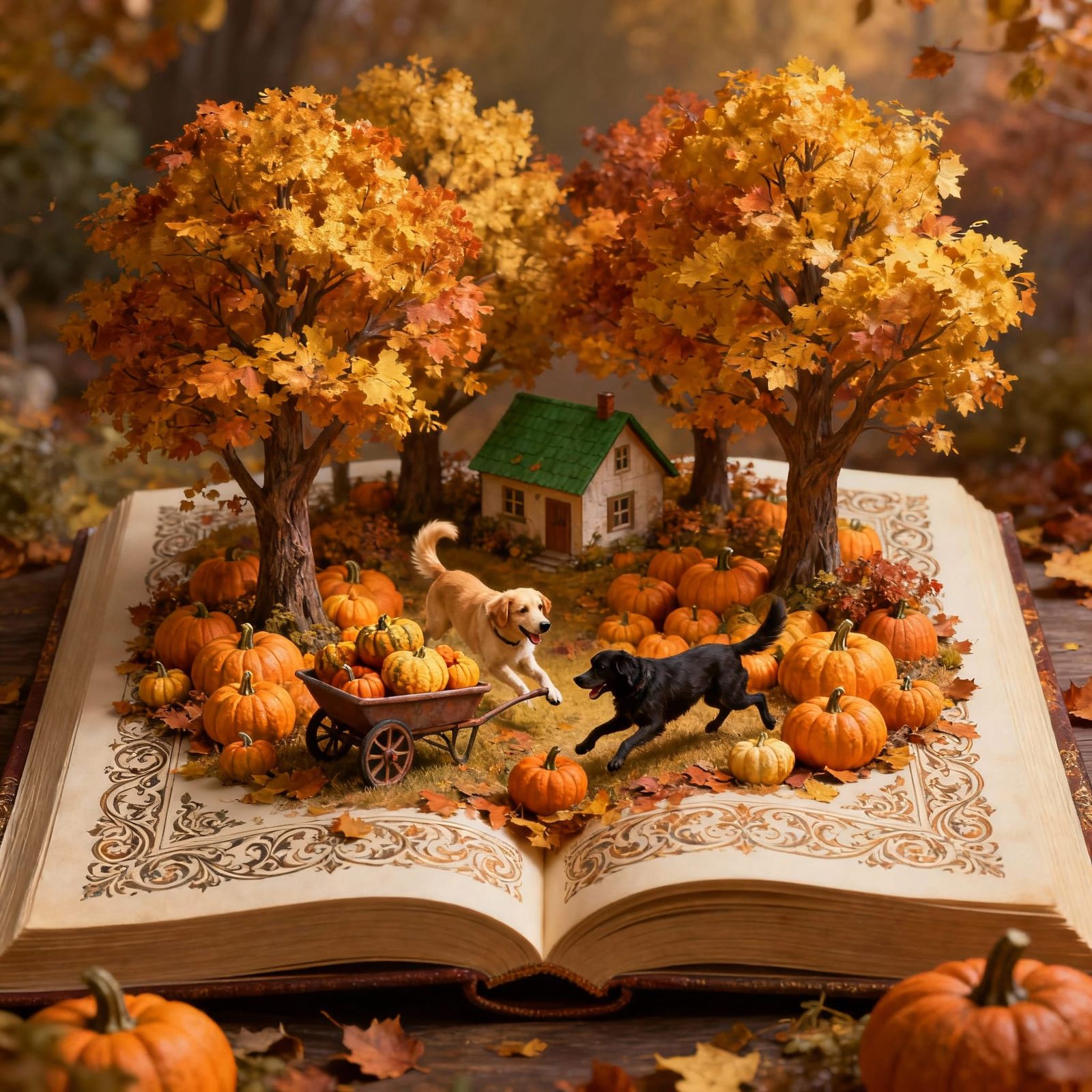 Autumn Scene Emerges from Ornate Book with Dogs