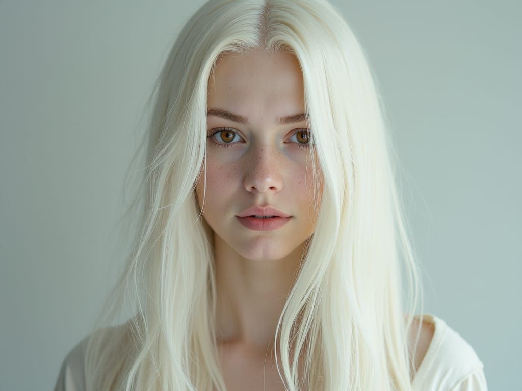 Serene Albino Woman with Flowing Hair