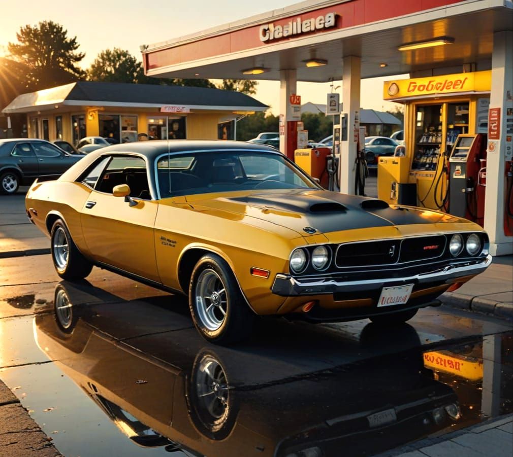 Dodge Challenger 1975 with V8 Engine at Gas Station
