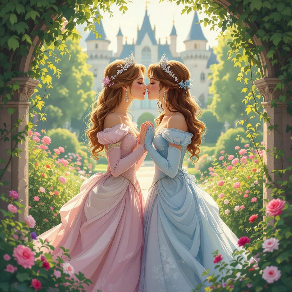 Princesses Share a Kiss in Fairytale Garden, Art Nouveau