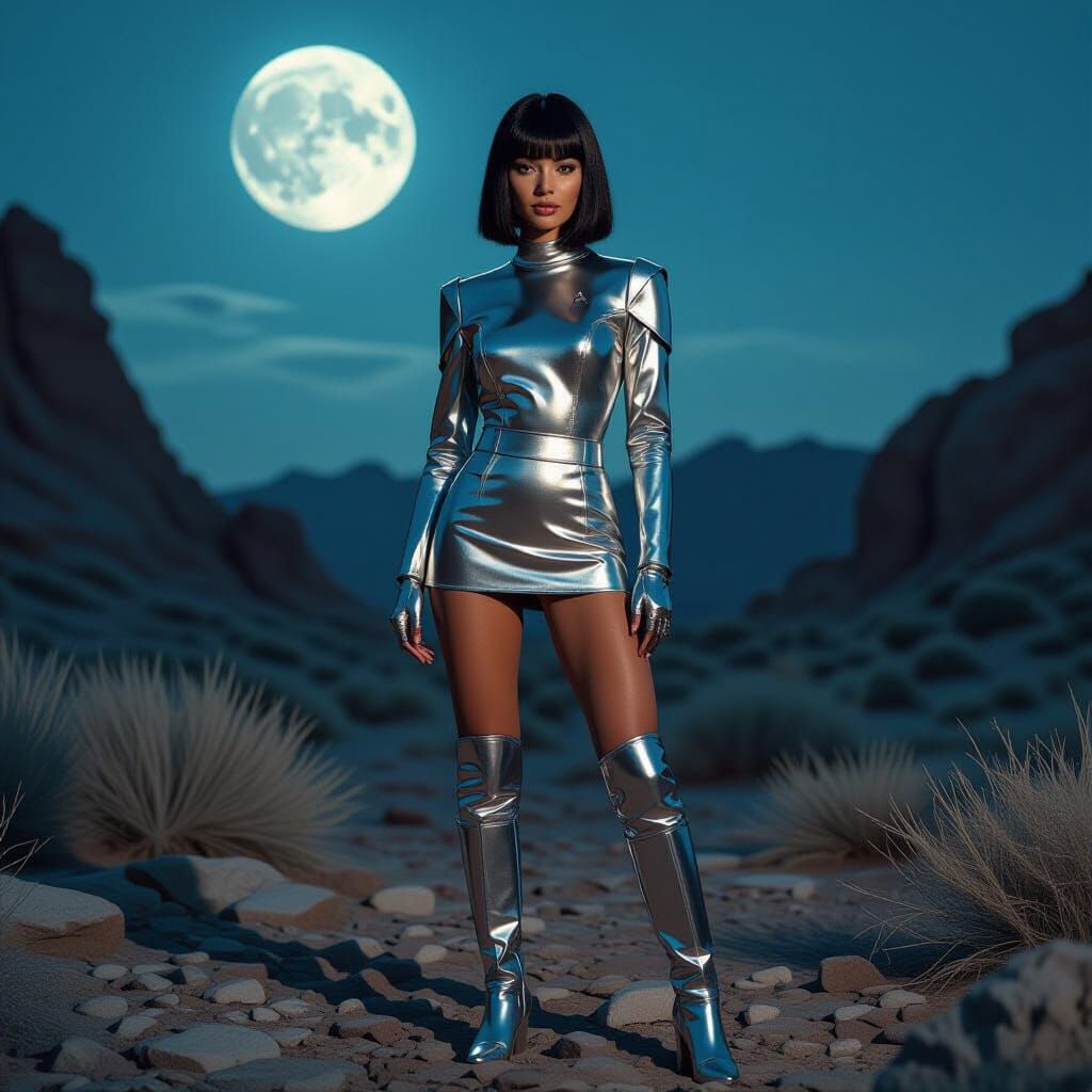 Woman in Metallic Suit Under a Full Moon