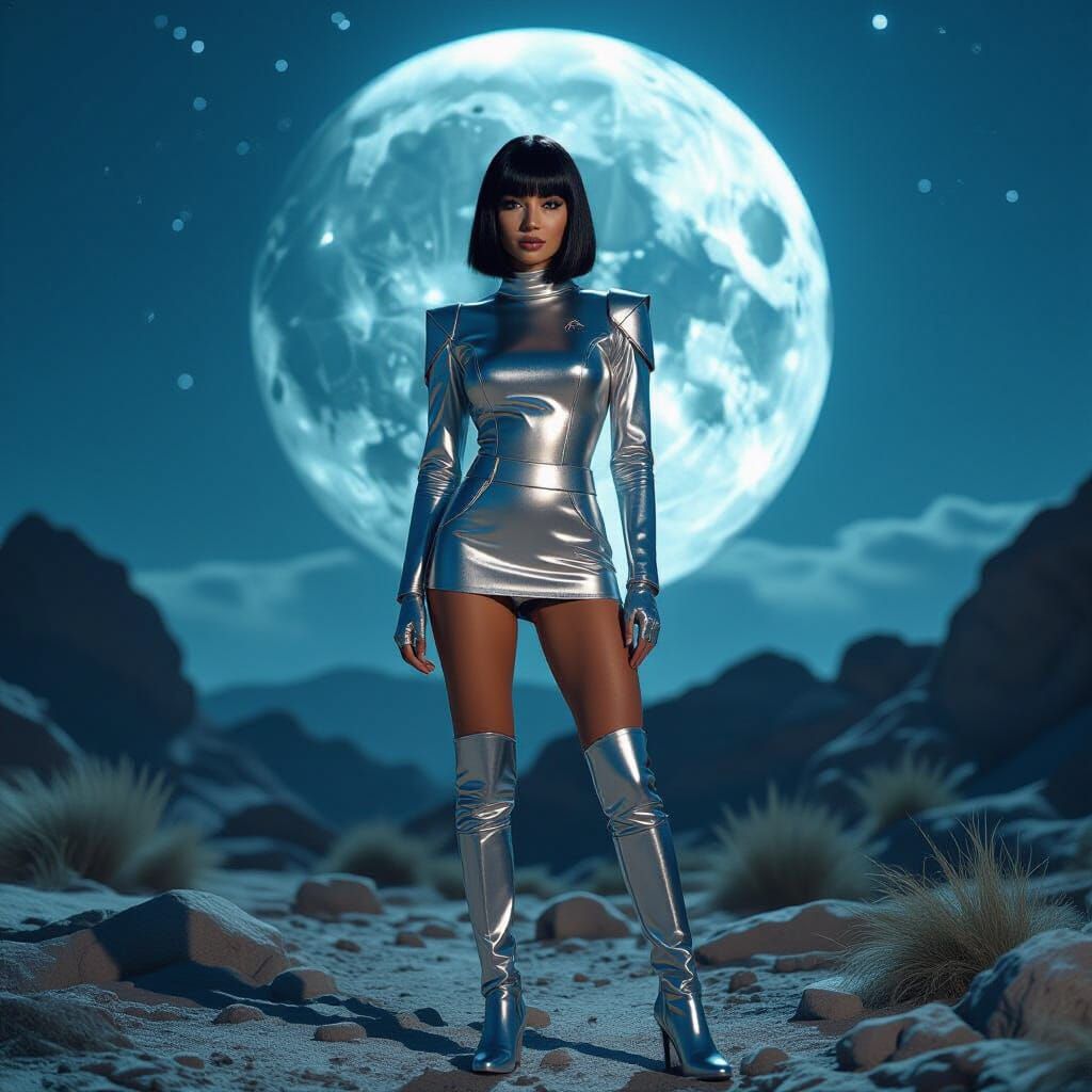 Futuristic Woman in Metallic Suit on Alien Planet