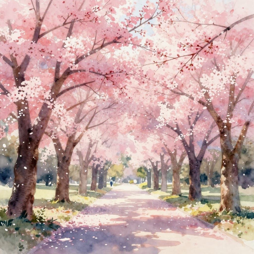 Cherry Blossom Park in Vibrant Watercolor Style