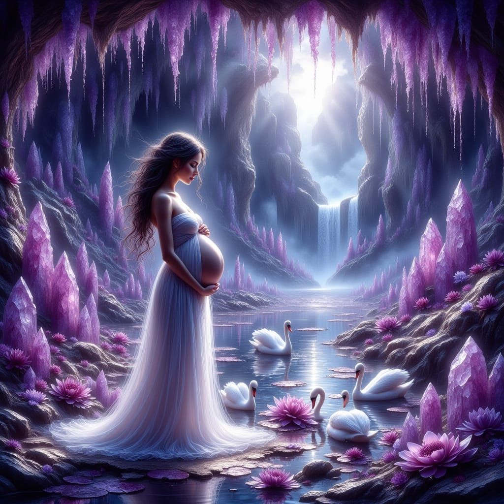Pregnant Woman in Amethyst Cave, Whimsical Art