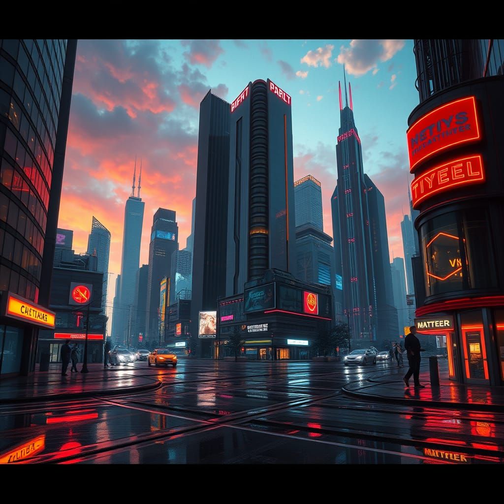 Futuristic Cityscape at Dusk with Neon Lights