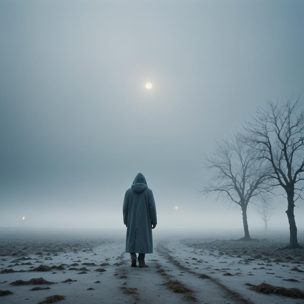 Lone Figure in Misty Landscape: Surrealist Art