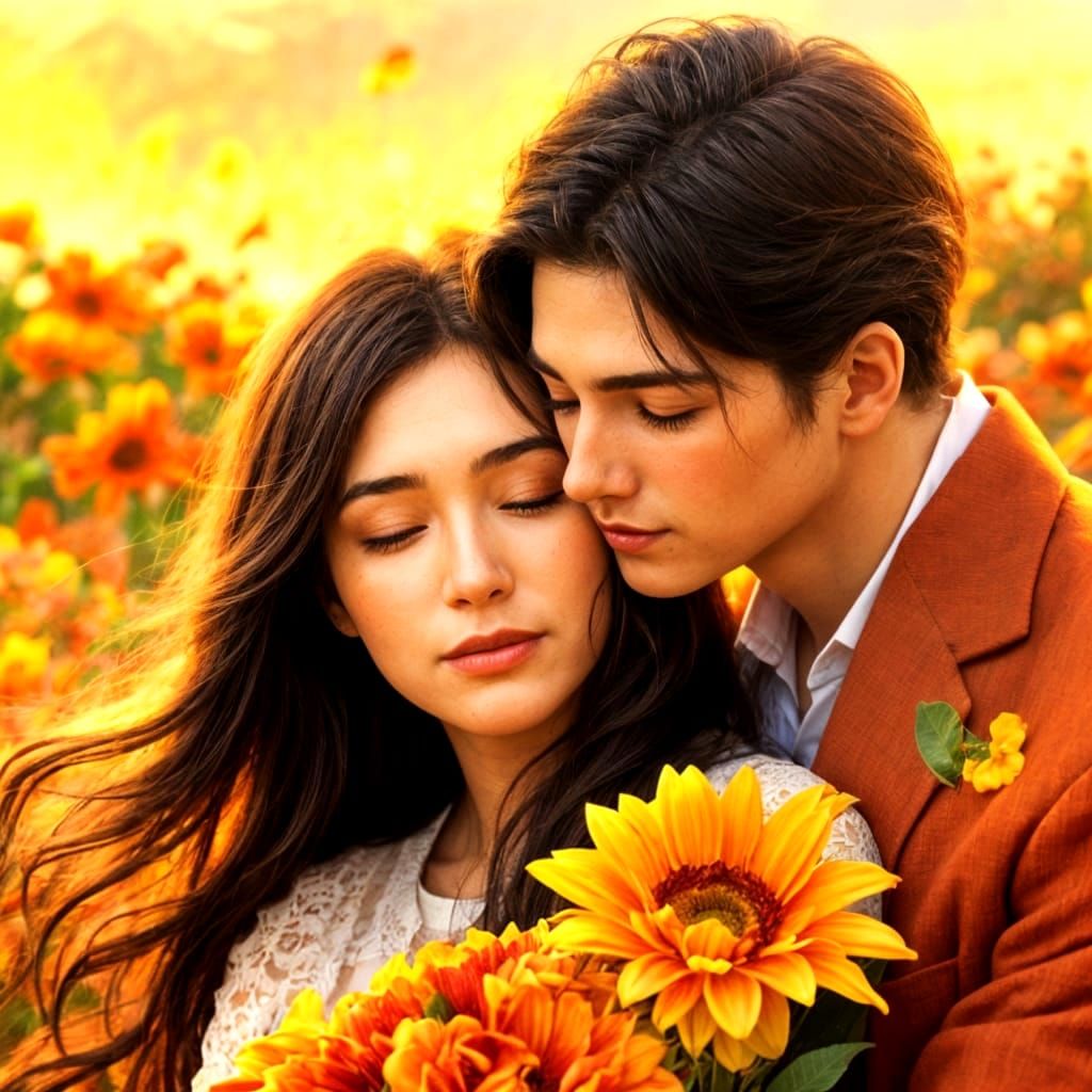 Passionate Couple Embraces Amidst Fiery Flowers