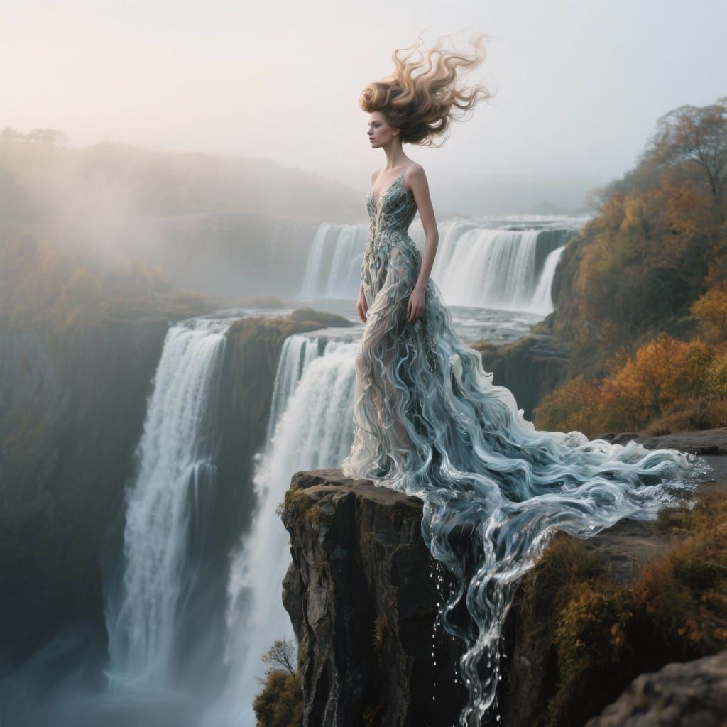 Ethereal Model in Water Gown on Misty Cliff