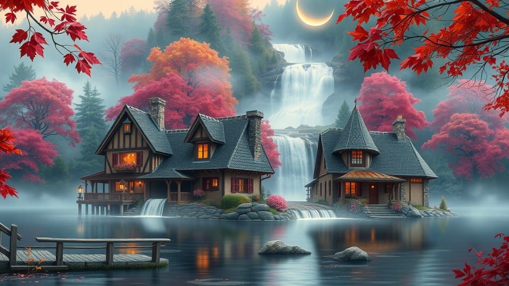 Autumnal Forest Waterfall with Fantasy Houses