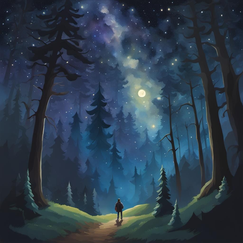 Traveller in Moonlit Woods with Galaxy Painting