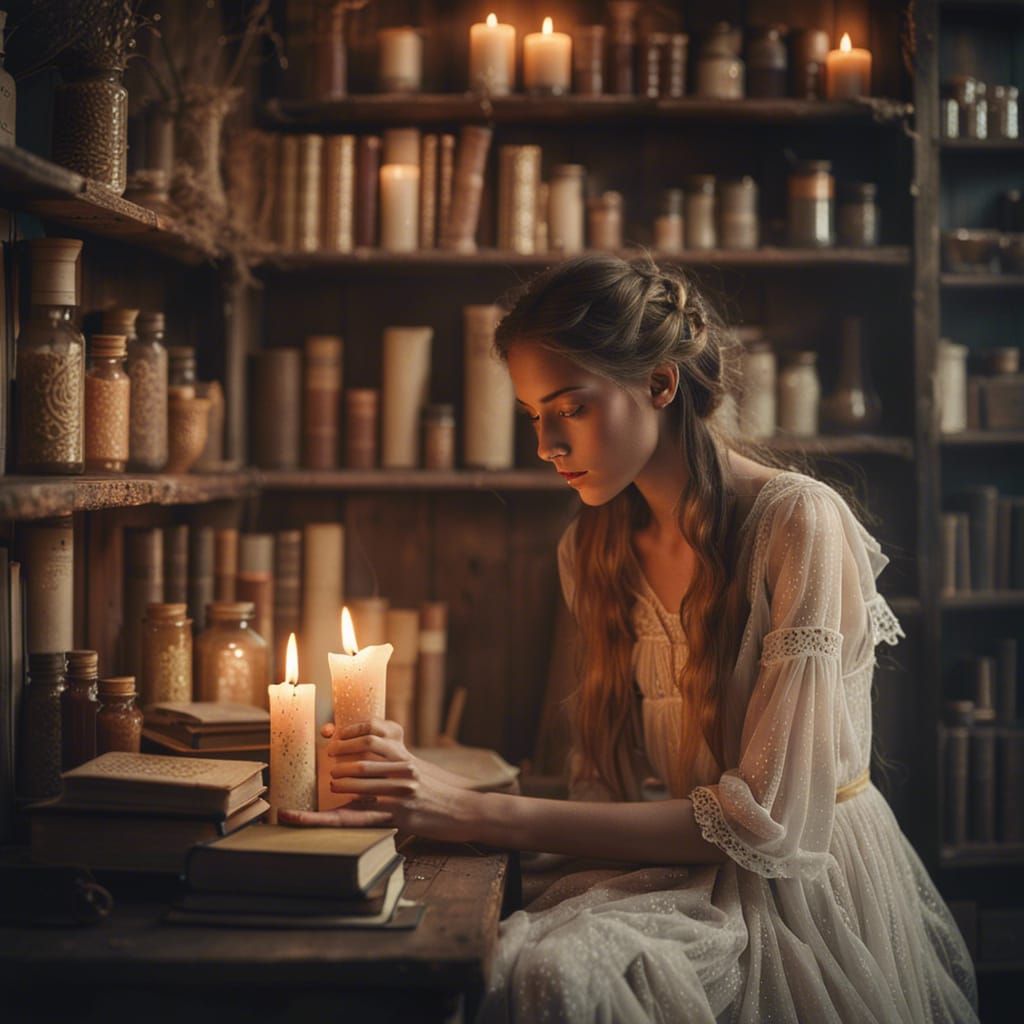 Ethereal Witch in a Mystical Bookshop