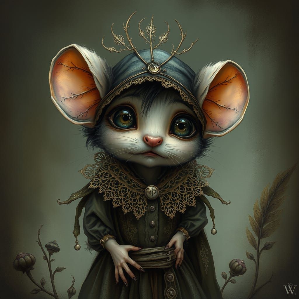 Whimsical Dark Fantasy Mouse Child in Enchanted Attire