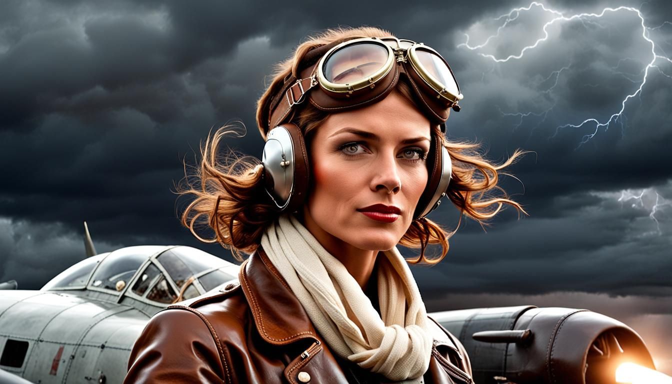 1930s Aviatrix in Stormy Night, Hyperrealistic Art