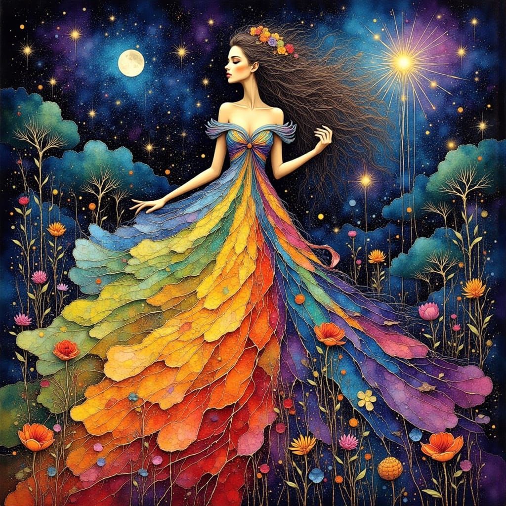 Woman in Rainbow Dress with String Art and Stars