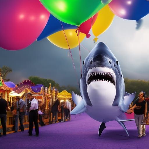 Shark Holding Balloons at Carnival in Comic Book Style