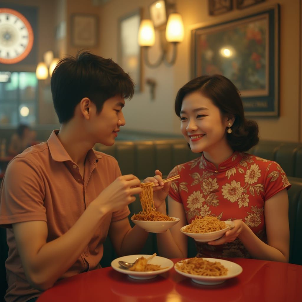 Nostalgic 1950s Singapore Cafe Scene with Young Couple