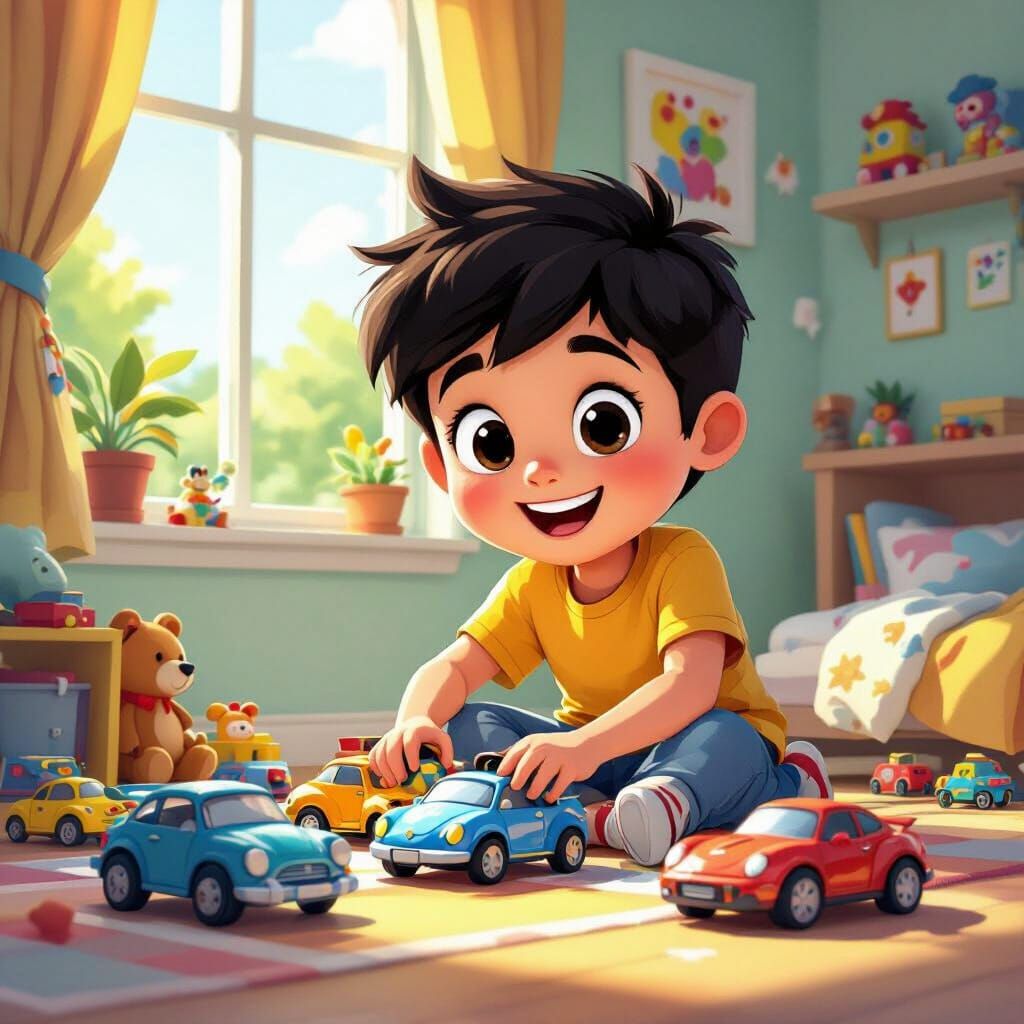 Cheerful Boy Plays with Toy Cars in Bright Bedroom