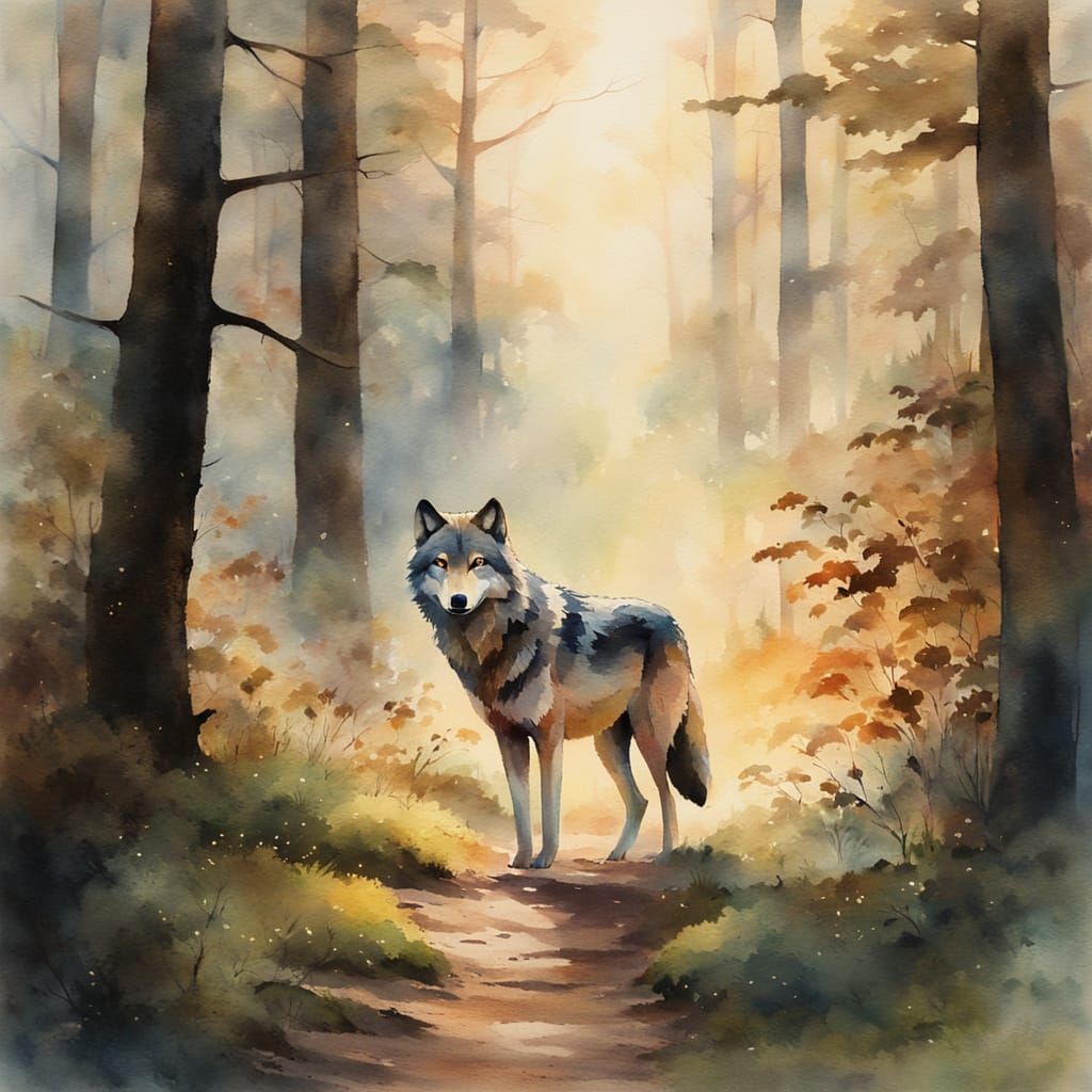 Wolf Wandering Through Forest in Watercolour Painting