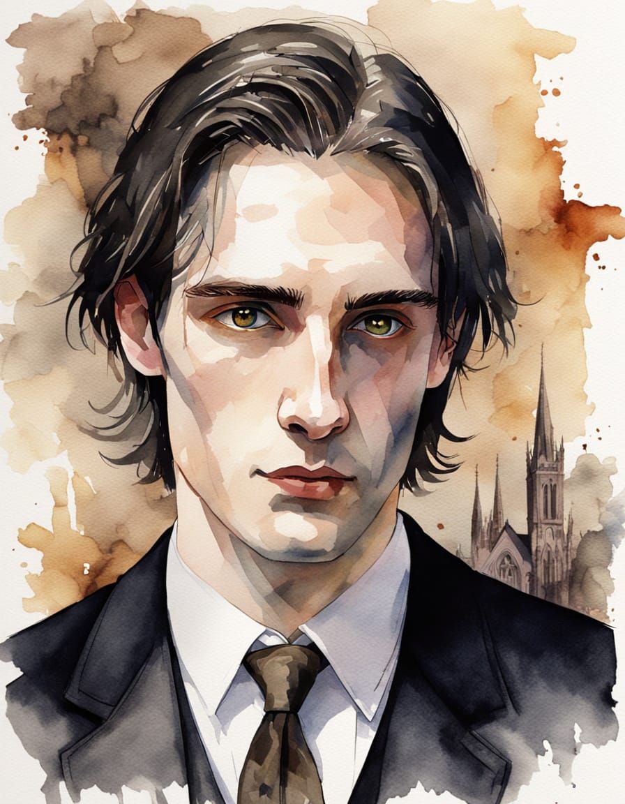 Elegant Androgynous Man in Dark Academia Watercolor