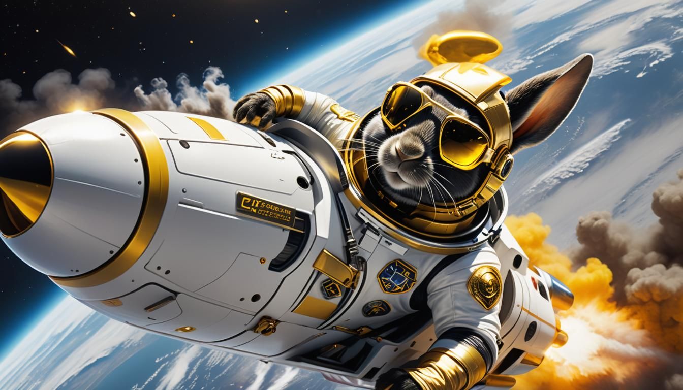 Astronaut Rabbit Blasting Off into Space as Sci-Fi Art