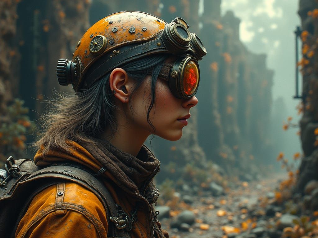 Steampunk Explorer in Overgrown Ancient Ruins