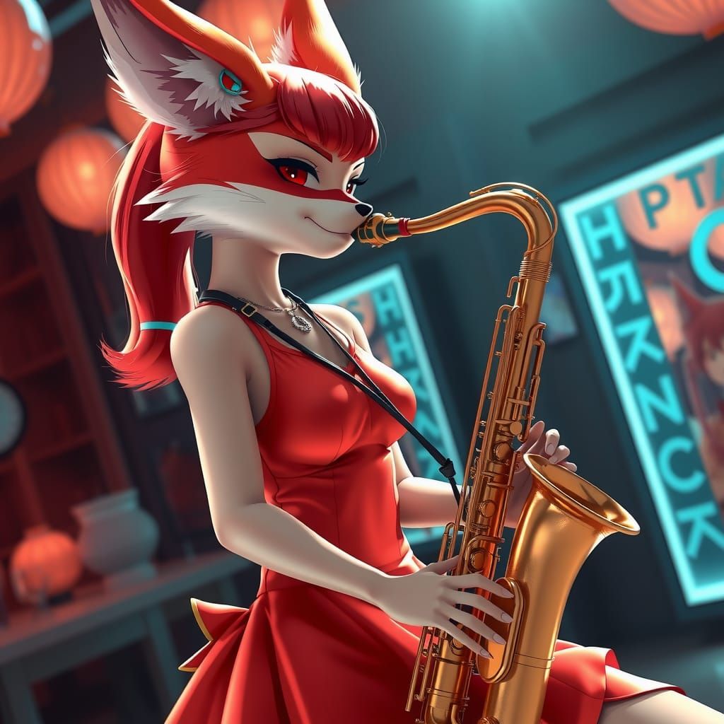 Fox in Red Dress Plays Saxophone, Anime Art