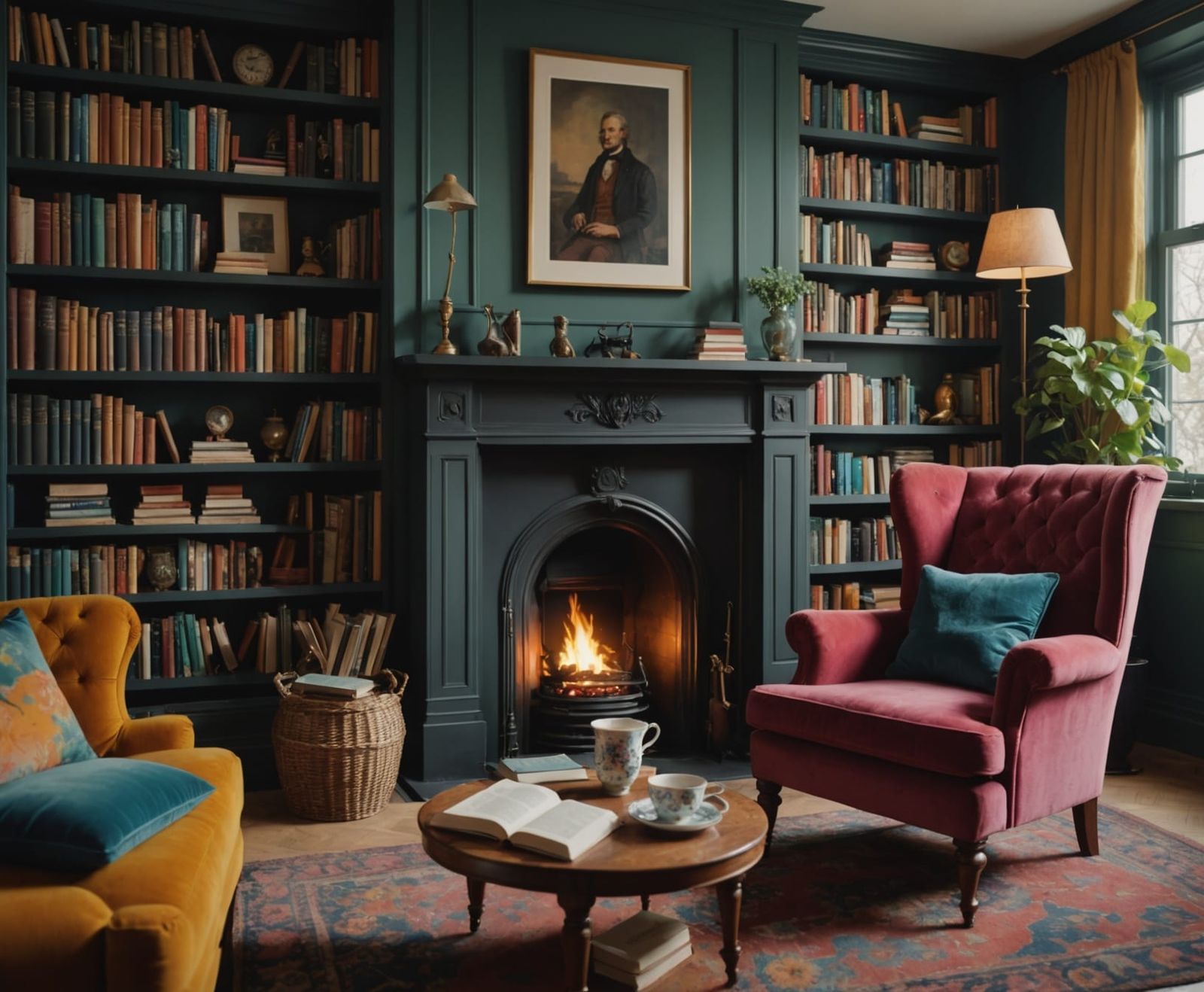 Cozy Book Haven with Fireplace