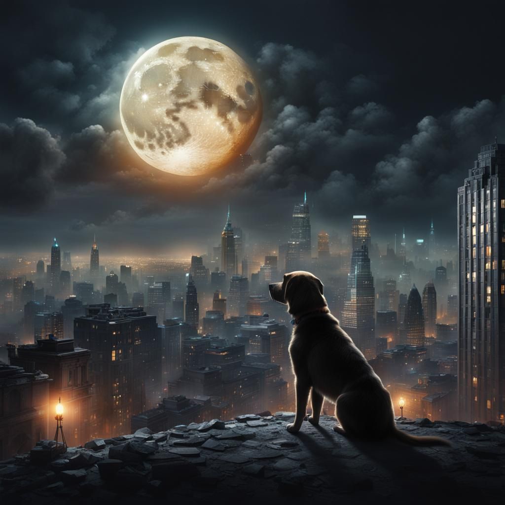 Lonely Dog Gazing at Moon Over City