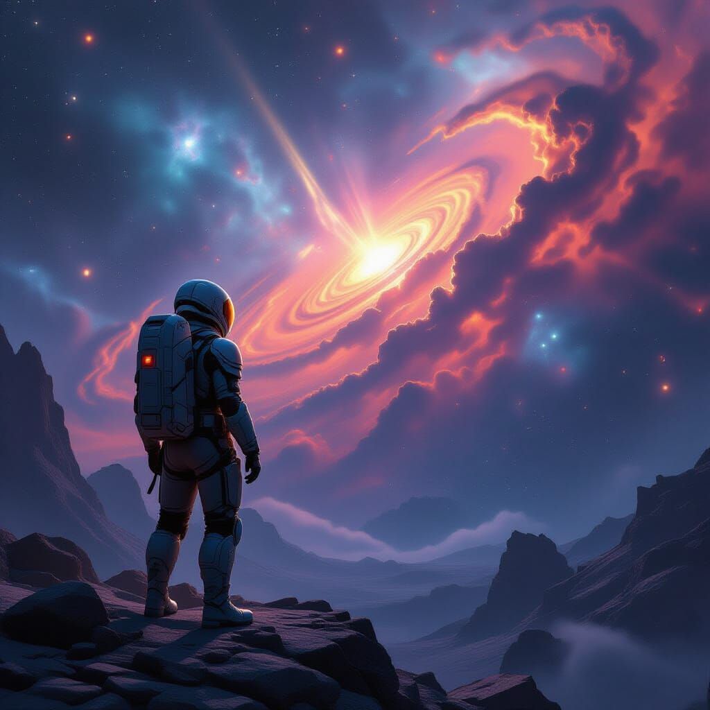 Explorer Gazing at Alien Nebula in Sci-Fi Style
