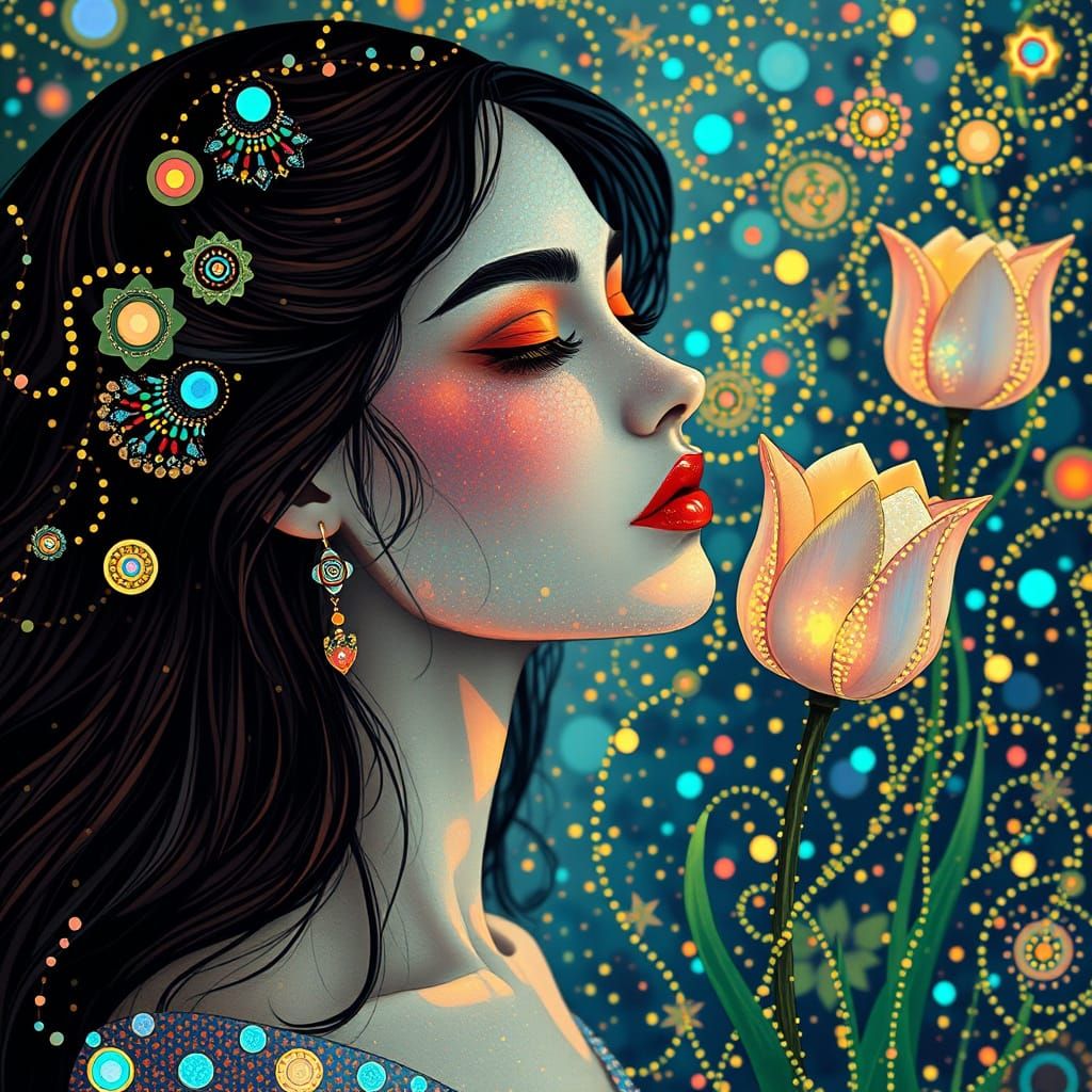 Ethereal Goddess in Iridescent Opal and Tulips, Whimsical Dr...