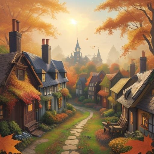 Enchanting Miniature Autumn Village Digital Painting