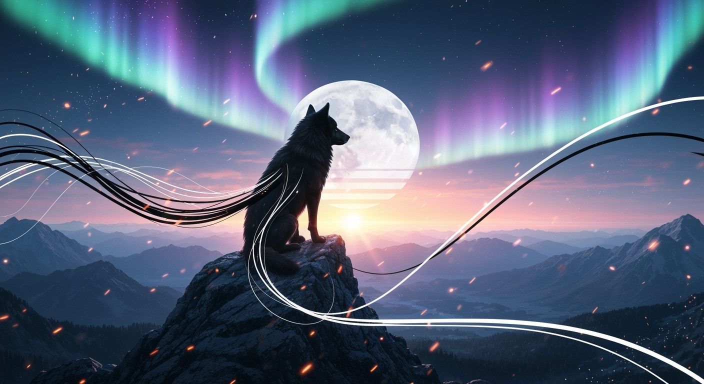 Black Wolf on Mountain in Retro-Futuristic Style