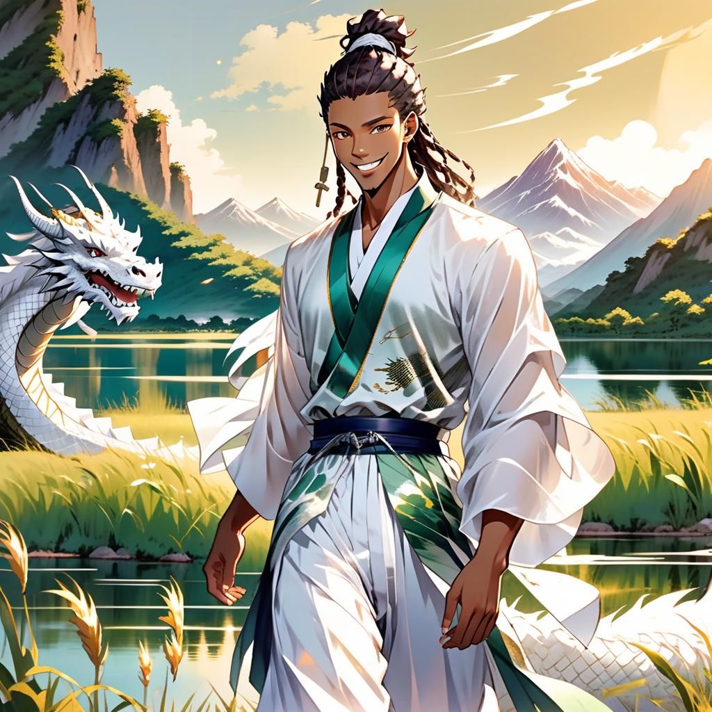 Anime Boy in White with Chinese Watercolor Landscape