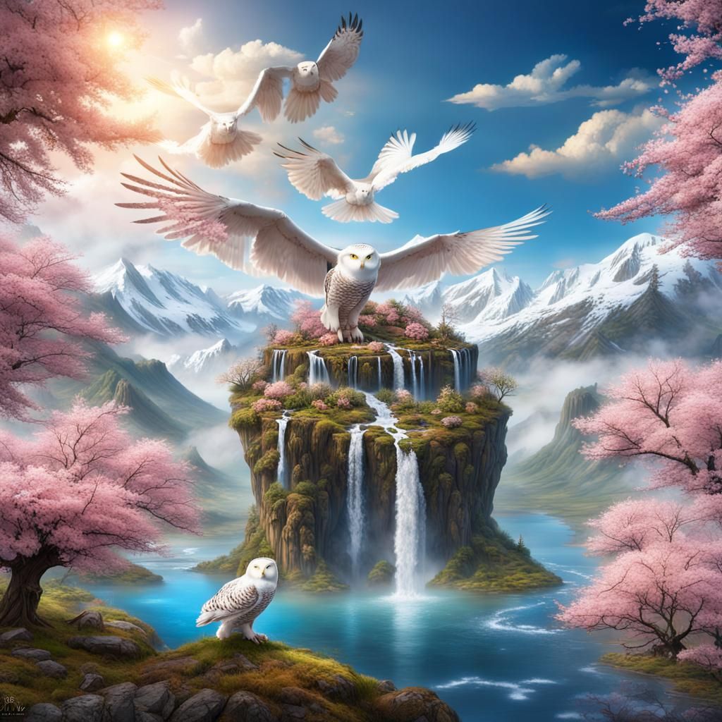 Floating Islands with Cherry Trees and Snowy Owl
