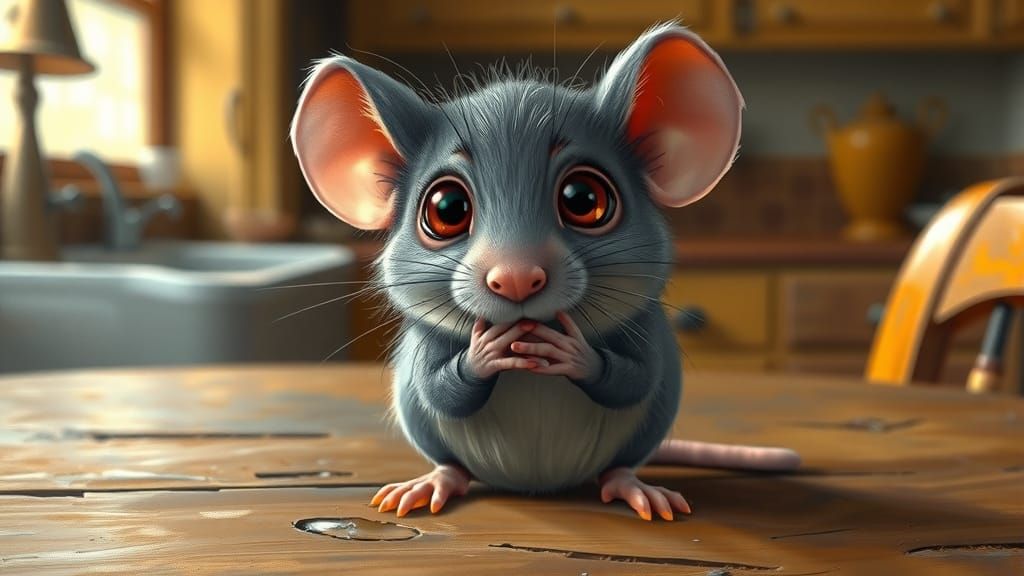 Timid Mouse on Kitchen Table as Oil Painting