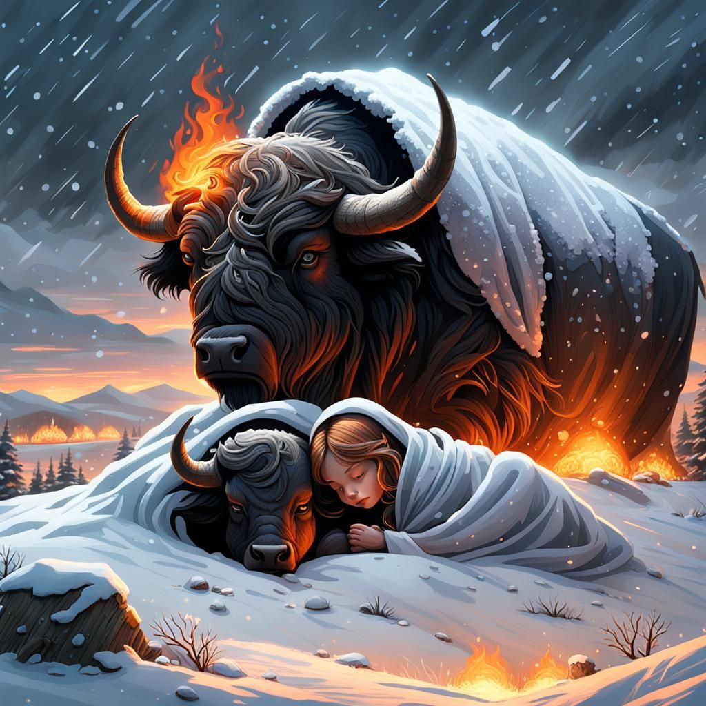 Buffalo Protecting Child in Snowstorm Fantasy Scene