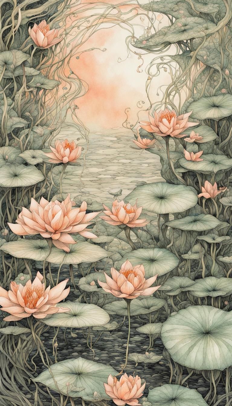 Water Lilies Garden: Liquid Ink Watercolor Illustration
