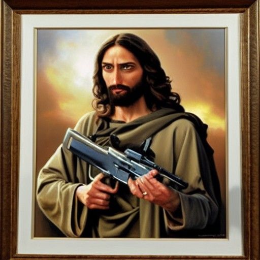 Jesus with Machine Gun in Oil Painting Style