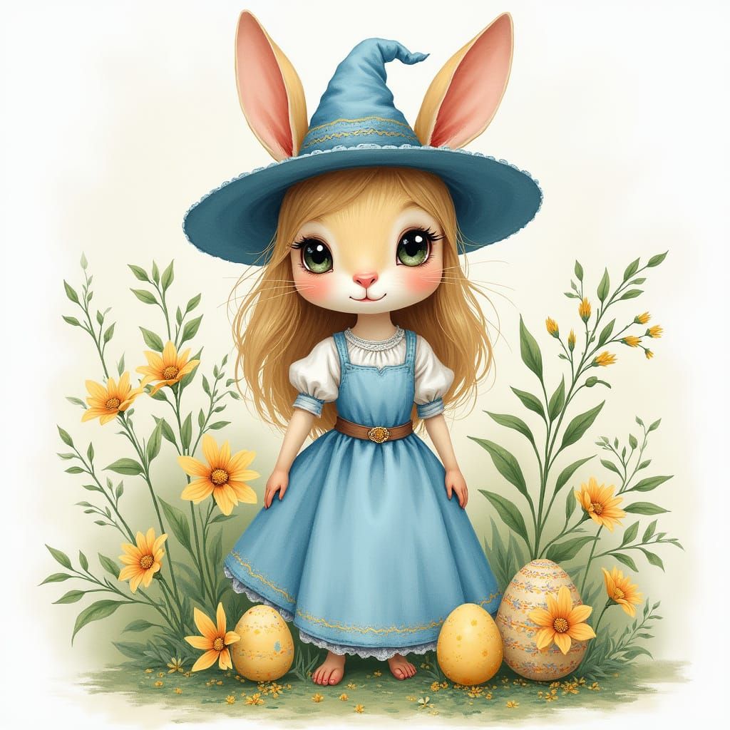 Feminine Easter Bunny in Blue Checkered Dress with Floral Su...
