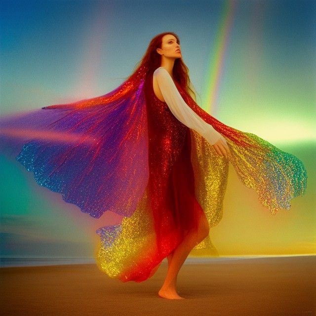 Crystalline Woman with Rainbow Wings on Beach