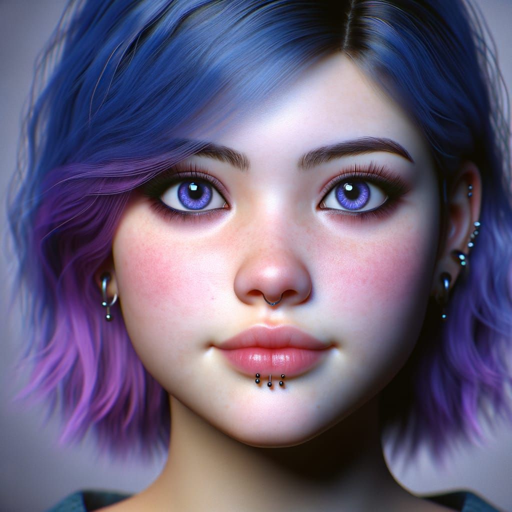 Gothic Girl with Piercings, Blue Hair, and Purple Eyes