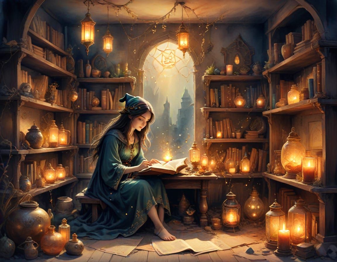 Whimsical Witch in a Cozy, Mystical Study