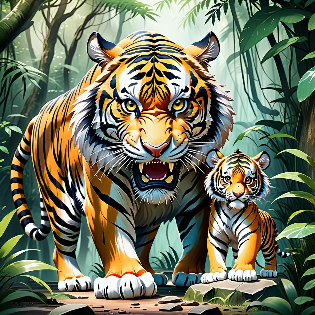 Watercolor Tiger with Cubs in Lush Jungle