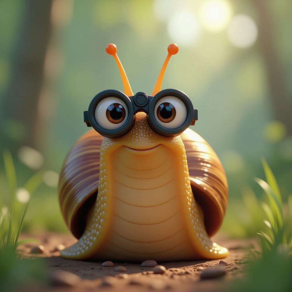 Pixar-Style Snail Using Binoculars in 3D