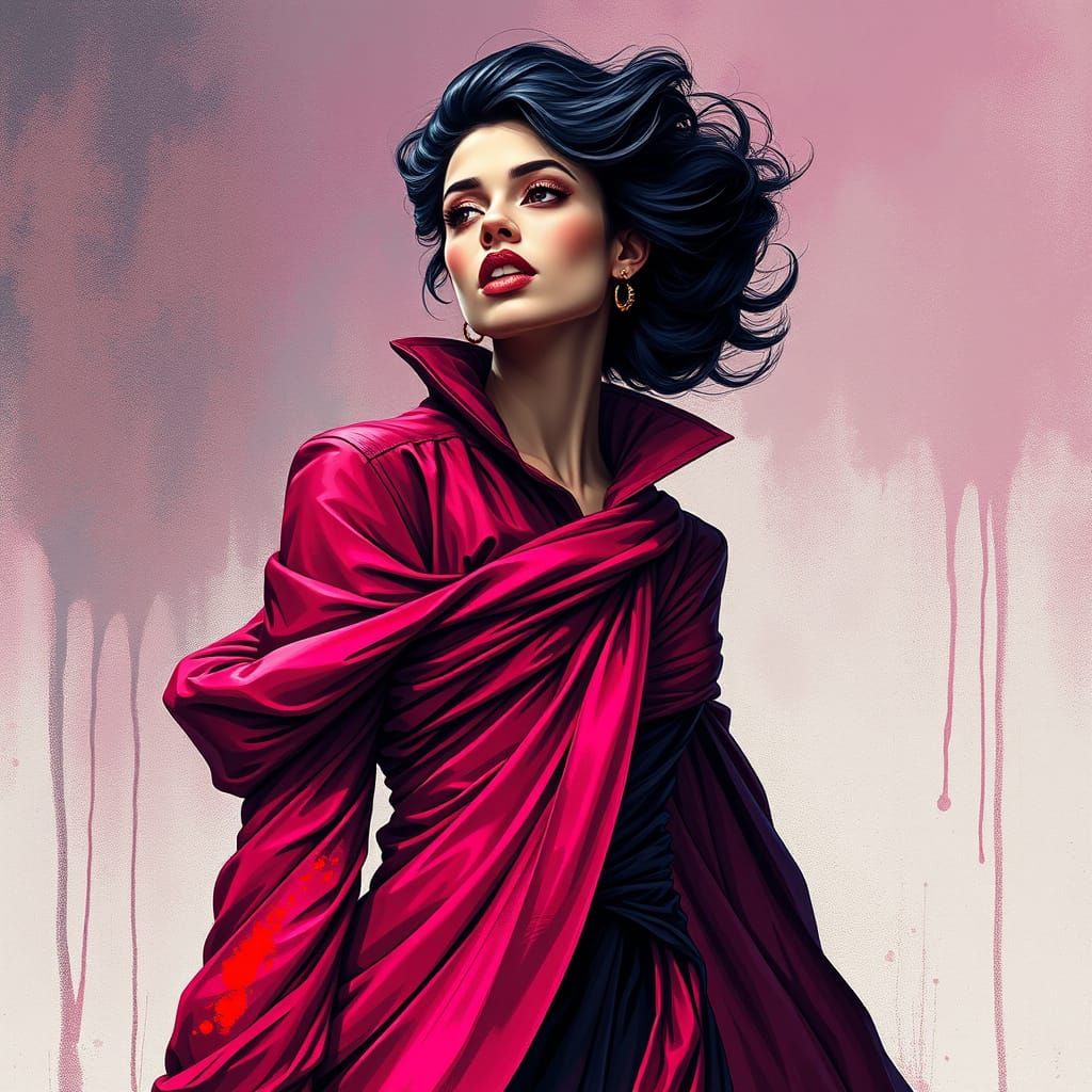 Vibrant Woman in Intricate Attire with Dancing Black Ink