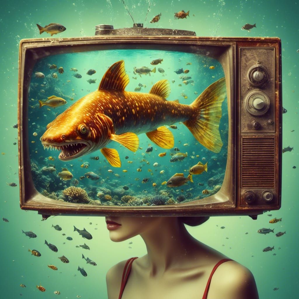 Eel Swims in TV Head Person, Van Gogh Style