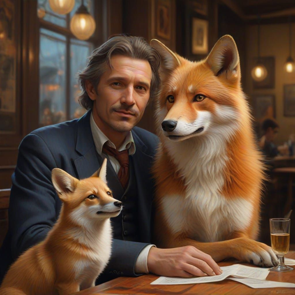 Fox and Dog Relaxing at Bistro: Oil Painting