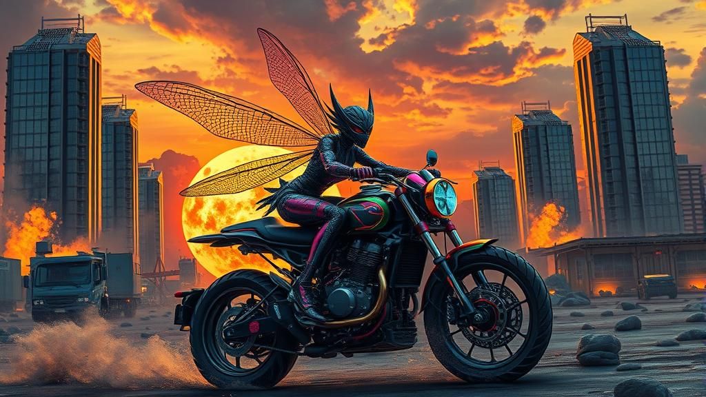 Southern Rock Banshee Rides in Dystopian Sunset, Gouache Pai...