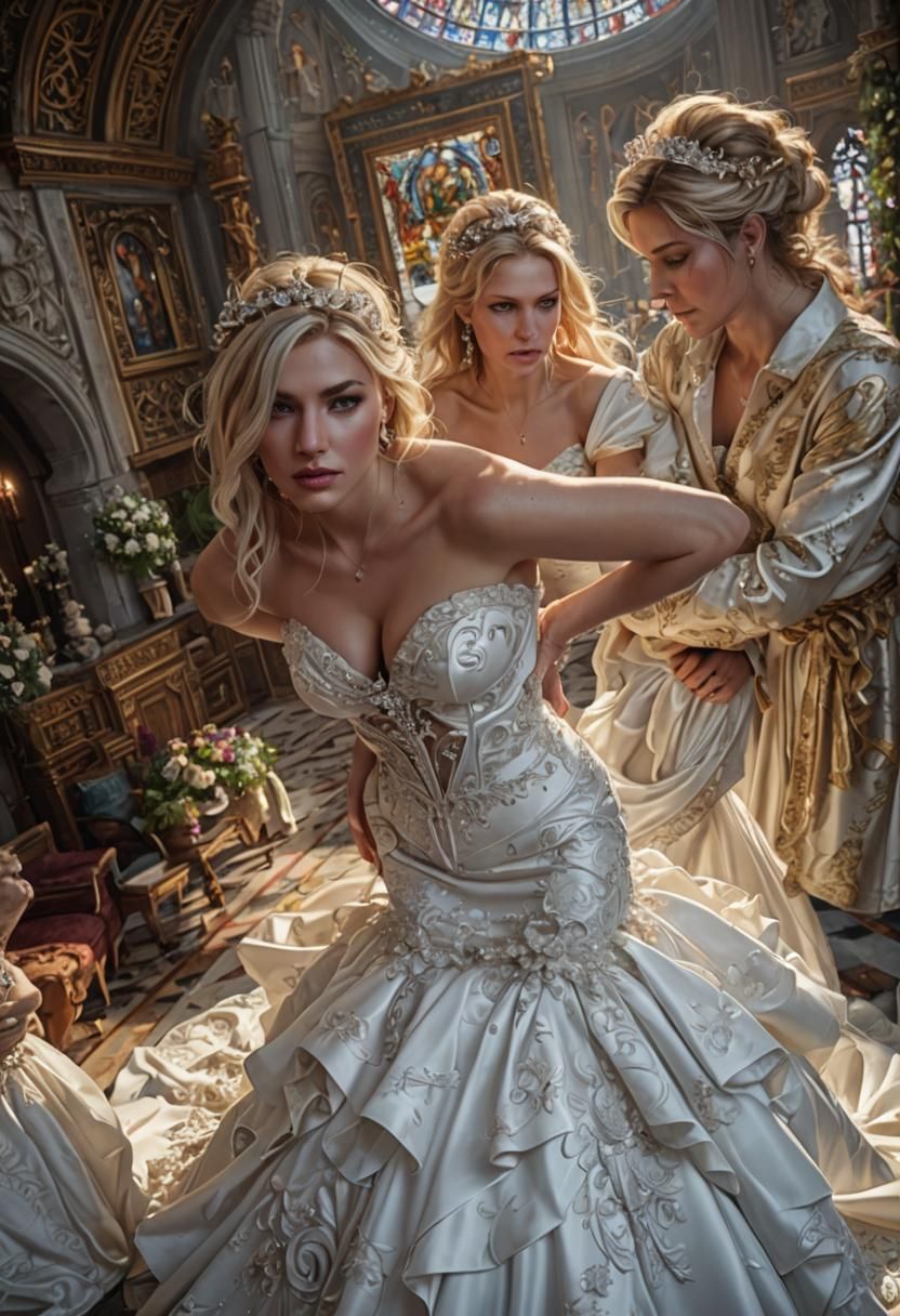 Blonde Bride in White Gown at Cathedral